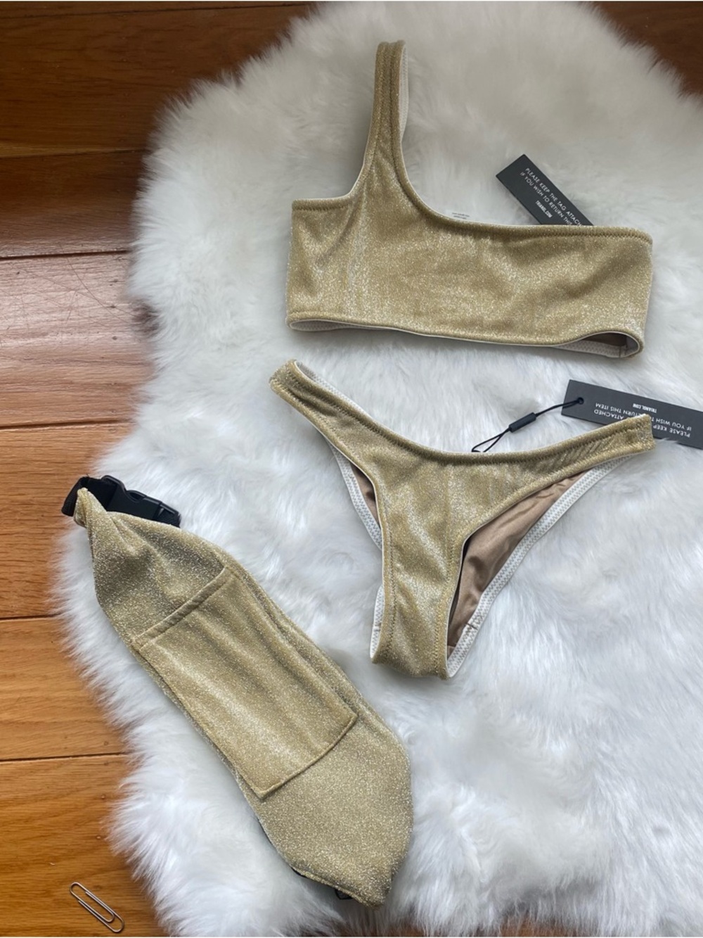 Triangl Swimwear Gold One-Shoulder Bikini Set and Bag